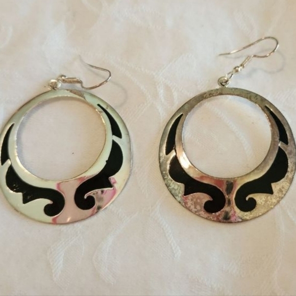 Vintage black & silver hoop earrings - Picture 4 of 4